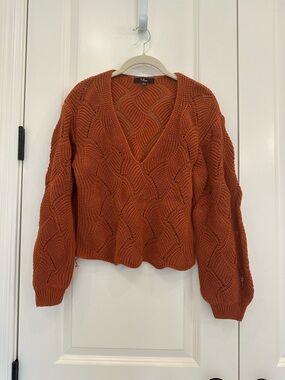 Lulus Rust Orange Chunky Knit V-Neck Sweater Balloon Sleeve Scallop Hem Size XS